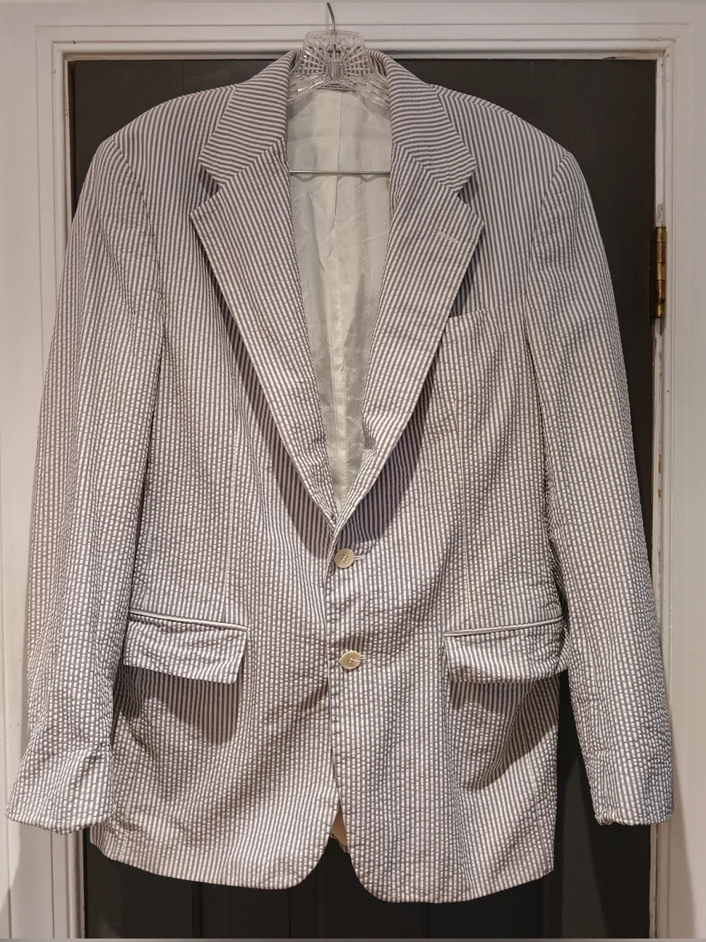 Classic Men's Seersucker Blazer in Cream & Navy Stripe, cotton